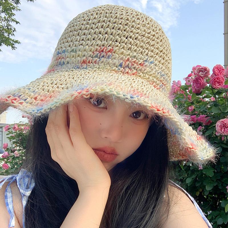 Summer Colorful Woven Straw Hat For Seaside Vacation Breathable Hollow Out Large Brim Uv Resistant Sun Hat