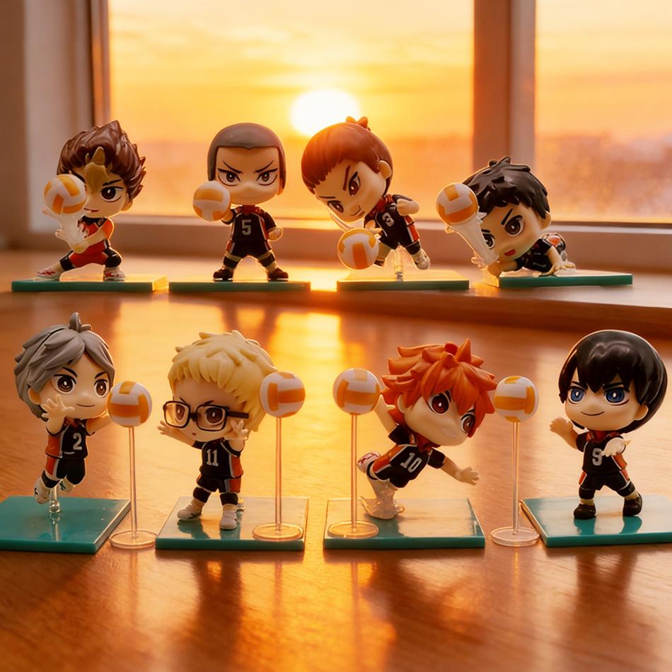 8 Pièces Haikyuu Figurines Multi-personnages Mignon Anime Décor de Bureau Modèle de Collection Jouets Cadeaux pour Enfants Support