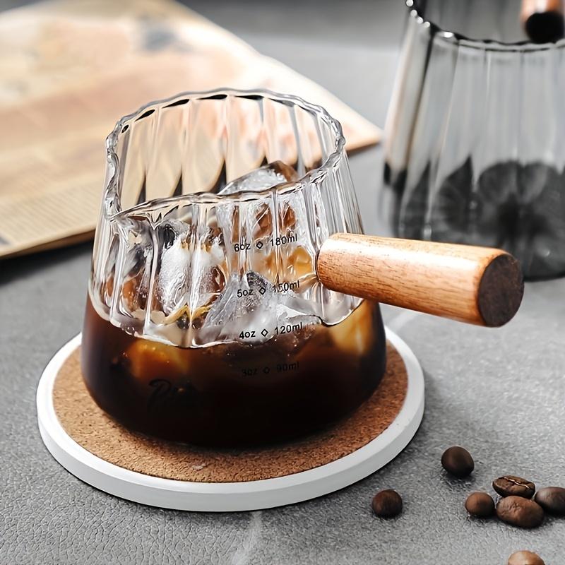 1pc Italian Style Glass Coffee Cup & Scaled Milk Jug,180ml Reusable Insulated Borosilicate Glass with Wooden Handle | Multipurpose for Coffee/Tea