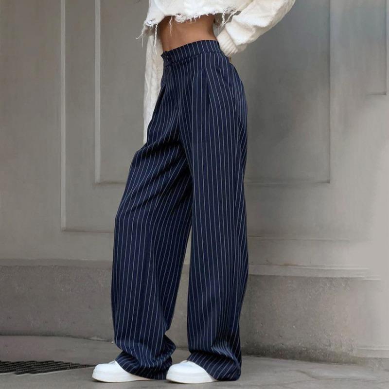 Women Elastic Waist Wide Leg Trousers With Pockets Casual Loose Pants Vintage High Waist Trousers Chic Straight Pants Pinstripe Office Wear Pants