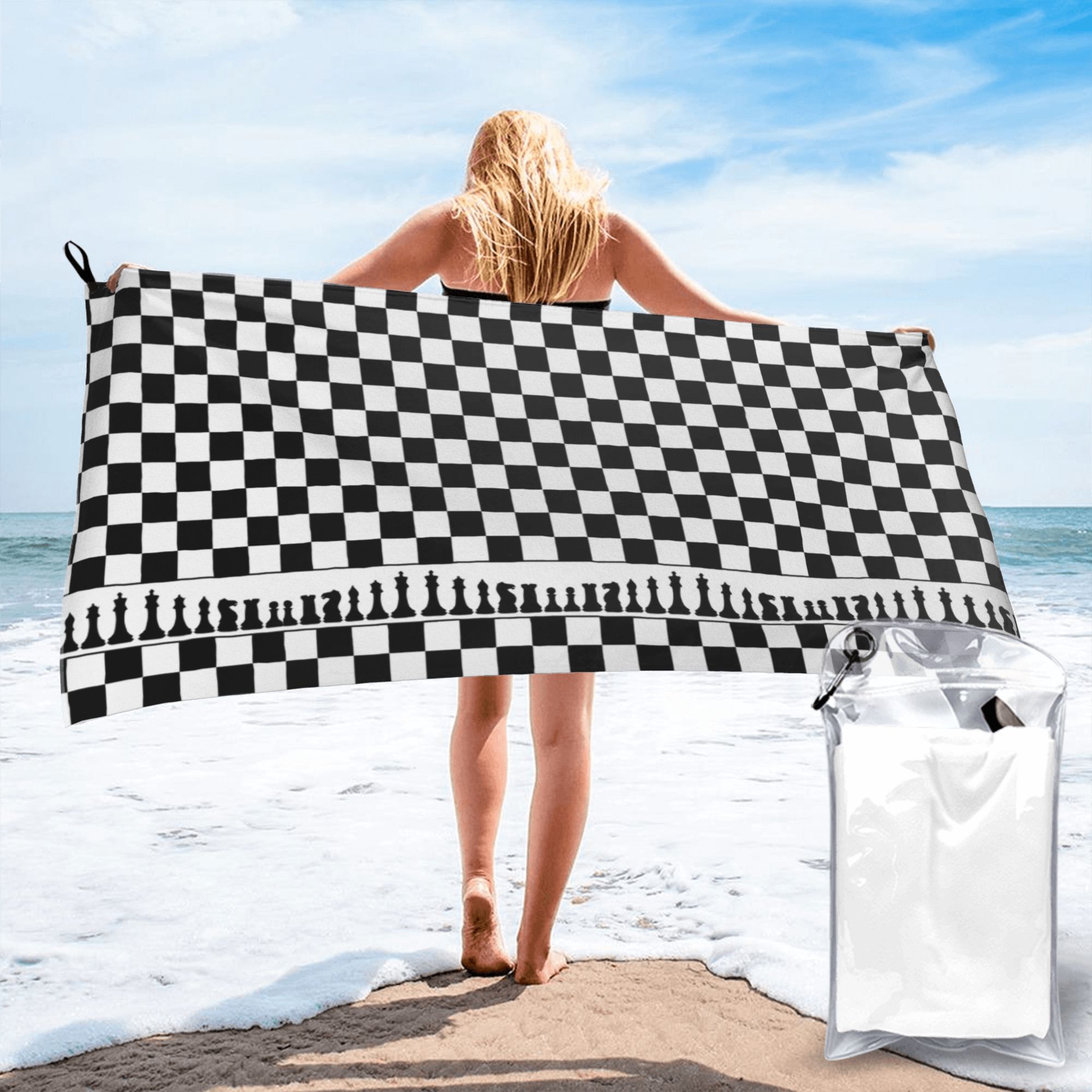 

Chess Board Black and White Grid Checkered Beach Towel Soft Microfiber Quick Dry Absorbent Quick Towels For Pool W30*H60(CM)