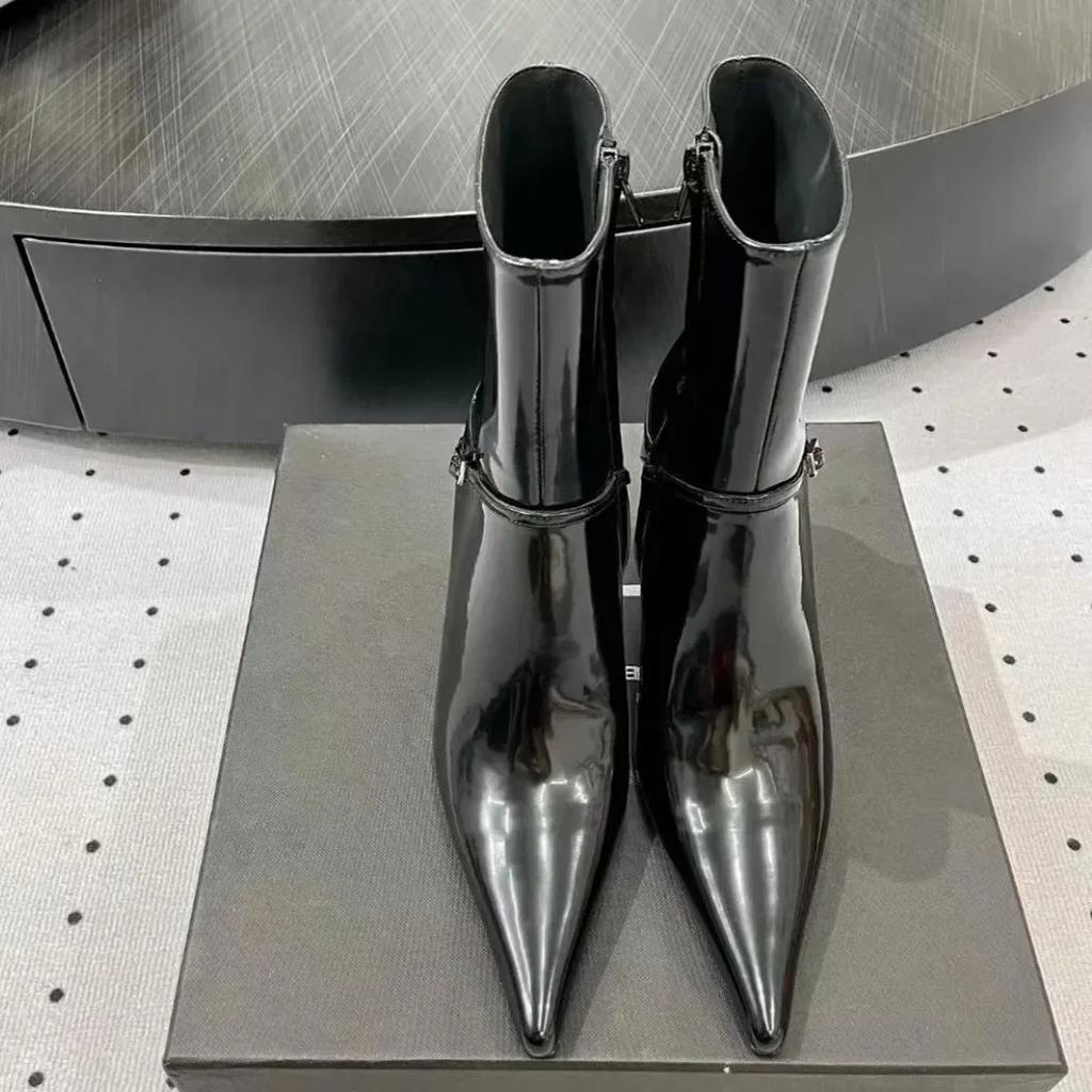 Black Leather Sexy Pointed Toe High Ankle Boots Women Fashion Metal Buckle Side Zip Design Heels Botas Mujer Elegant Woman Shoe