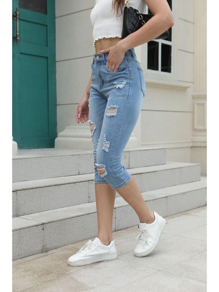 Women's Light-Colored Elastic Capri Ripped Jeans - Popular in Southeast Asia
