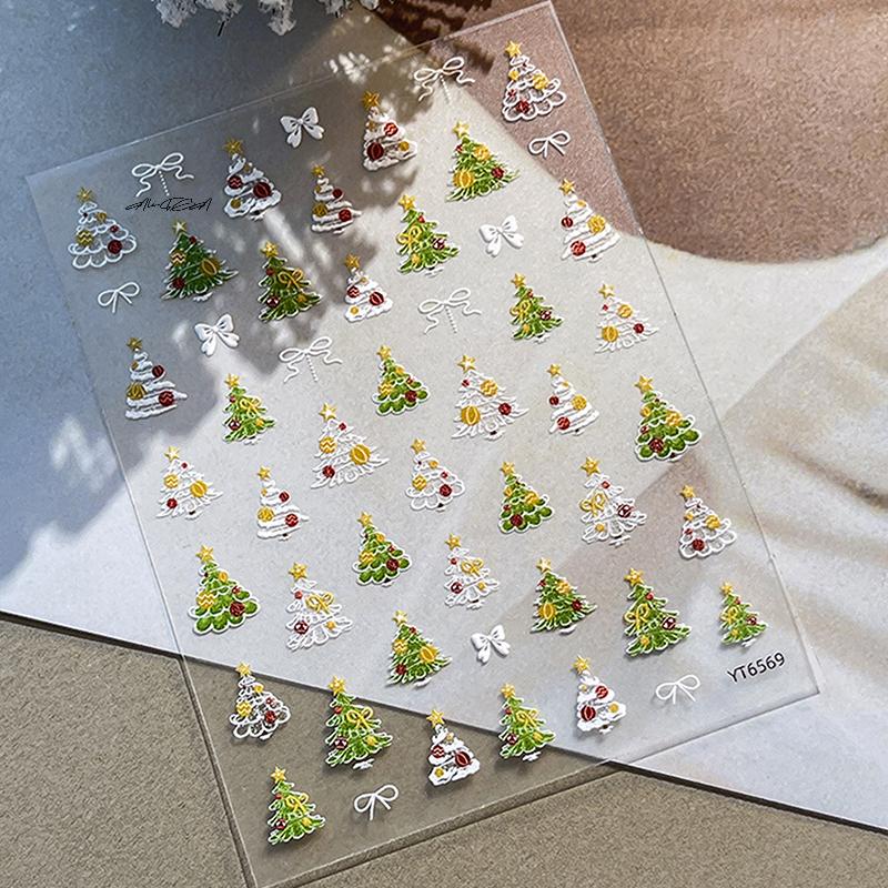 Christmas Tree Nail Stickers Embossed Self-Adhesive Nail Art Decals for Manicure Festive Charm Nail Ornaments for Party