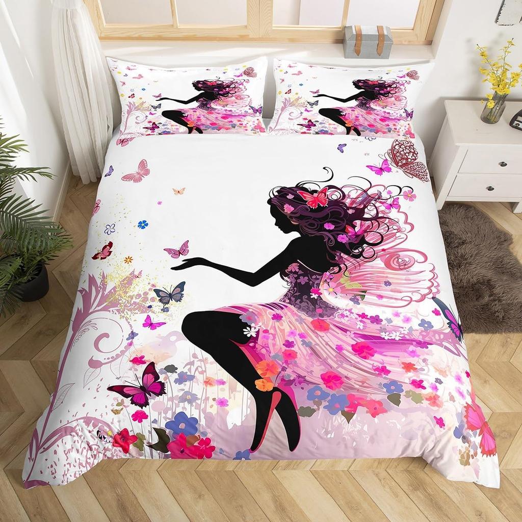 Fairy Girl with Wings Bedding Set Garden Fantasy Floral Duvet Cover Flying Butterfly Comforter Cover Colorful Flower Quilt Cover