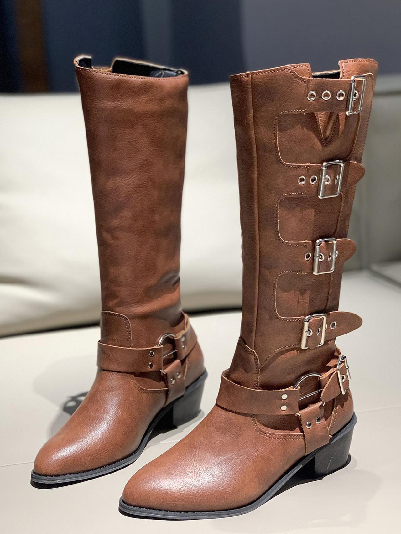 

Модные женские сапоги до колена с пряжкой, зимние сапоги на квадратном каблуке, длинные сапоги в стиле вестерн, женские черные сапоги из искусственной кожи в стиле панк-готика 36 коричневый