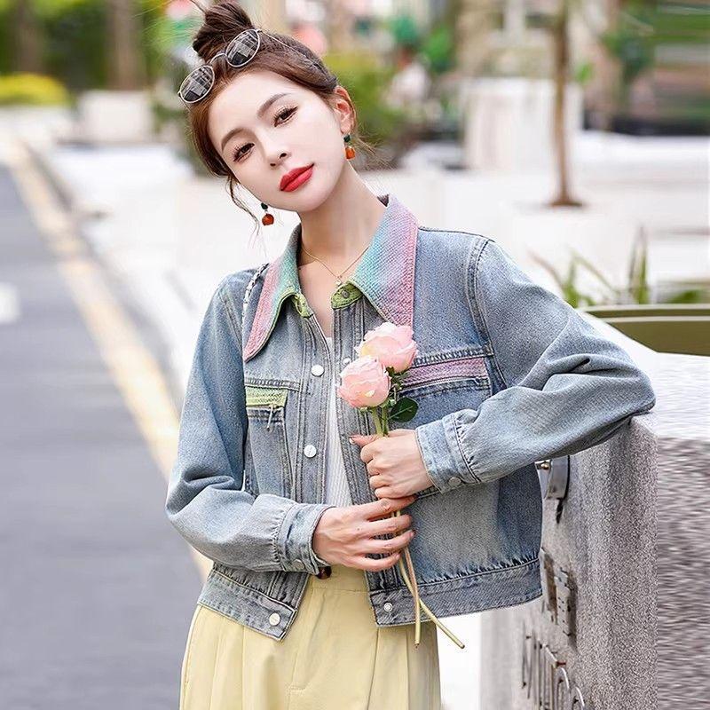 Spring Colorful Short Denim Jacket Women Vintage Hong Kong Style Motorcycle Coat Workwear Collar