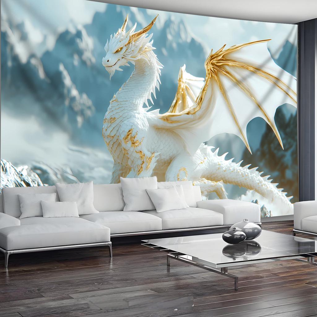 White Dragon Tapestry  Majestic Fantasy Creature with Golden Accents for Mythical Home Decor Perfect Wall Art for Living Room