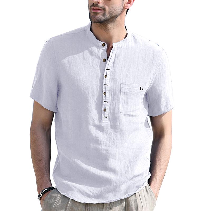 

2026 Men s Stand Collar Breathable Linen Shirt - European & American Style, Short-sleeved US S