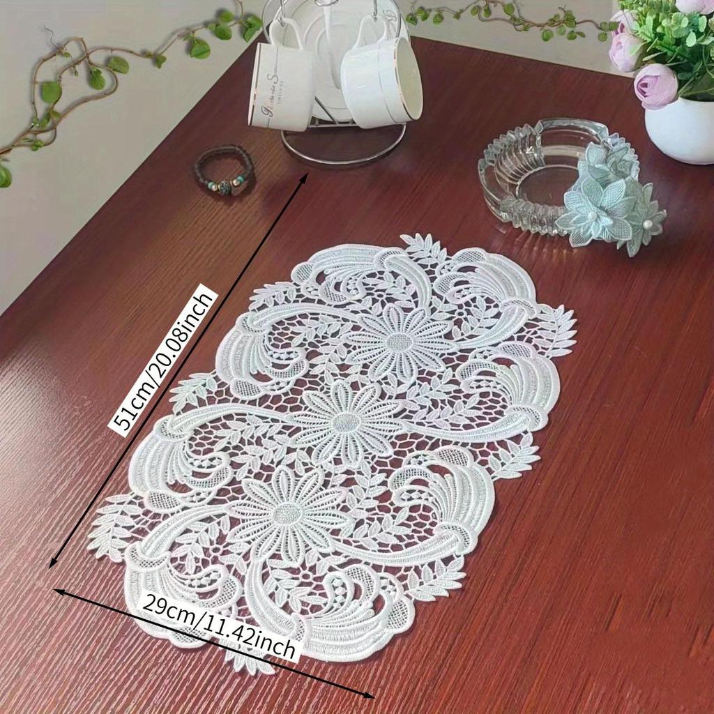 Elegant White Velvet Lace Oval Tablecloth Table Mat - Floral Pattern Polyester Tablecloth, Suitable for Catering, Coffee and Home Decor, Perfect