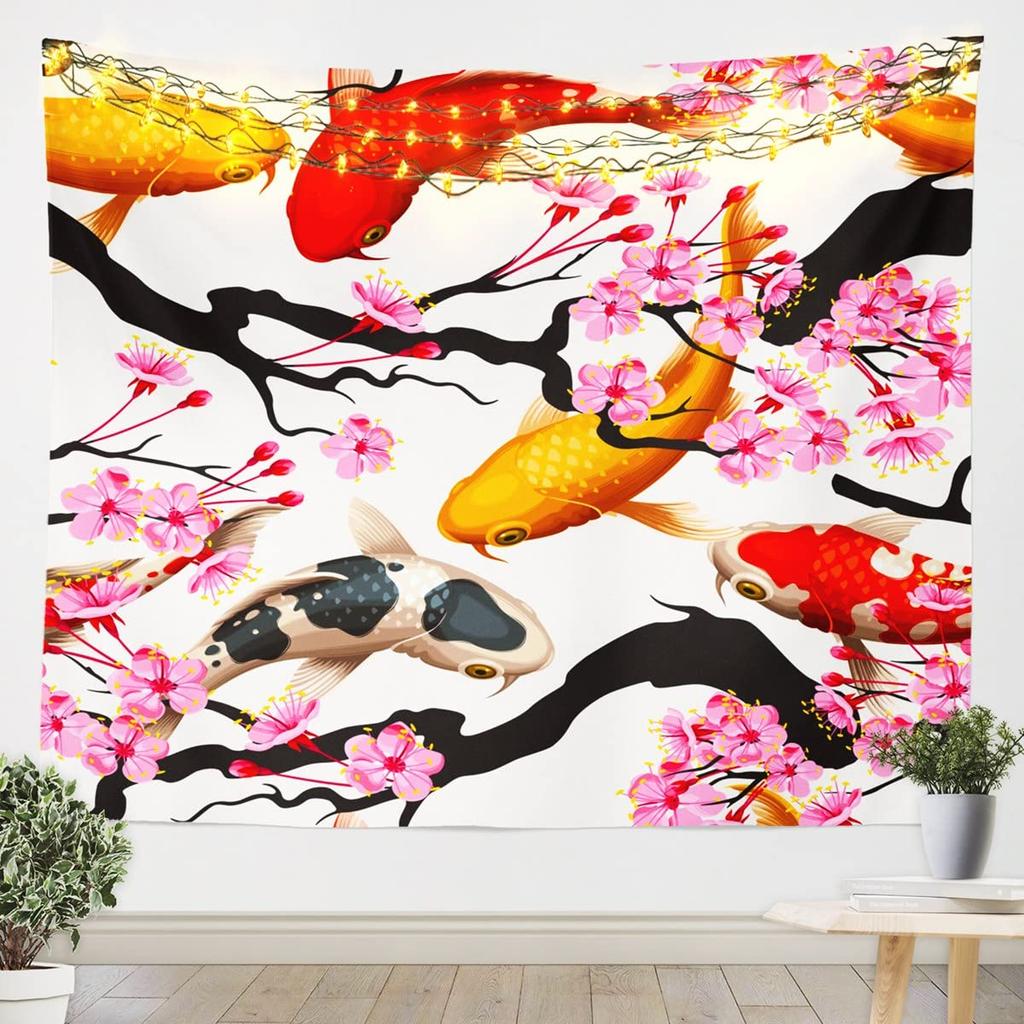 Japanese Style Tapestry Traditional Retro Theme Tapestry Wall Hanging Koi Fish Print Wall Tapestry Cherry Blossom Wall Art For