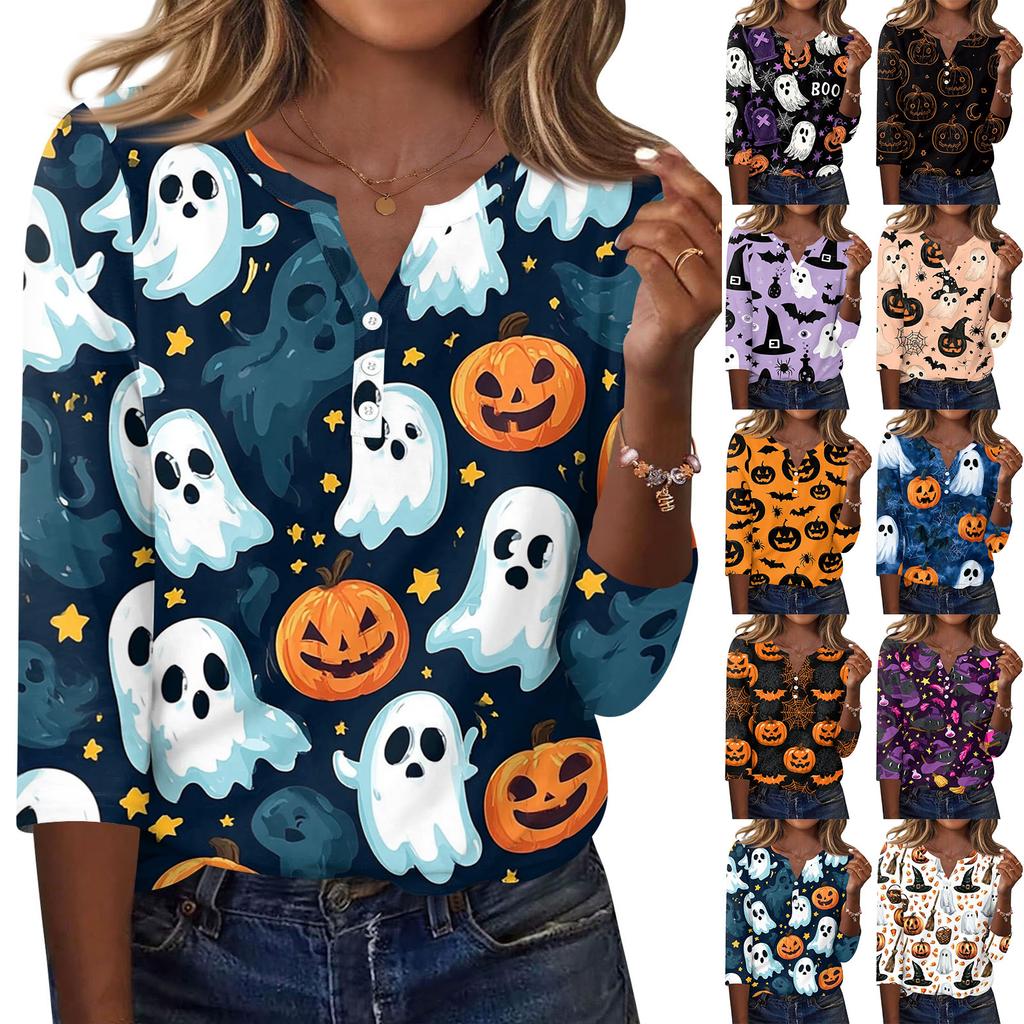 Women Casual Halloween Print V Neck Button Three Quarter Sleeve T Shirt Top Lightweight Comfortable Fit