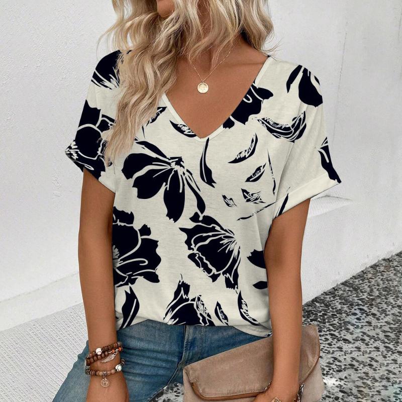 

Повседневная женская летняя элегантная футболка большого размера с модным цветочным узором и коротким рукавом с V-образным вырезом XS