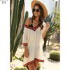 DX~Women's Sexy Hollow Out V-neck Short Sleeved Contrasting Hand Hook Patchwork Loose Beach Sun Protection Cover