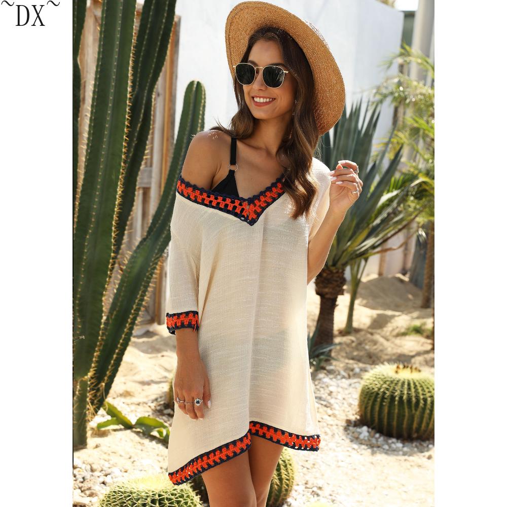 DX~Women's Sexy Hollow Out V-neck Short Sleeved Contrasting Hand Hook Patchwork Loose Beach Sun Protection Cover