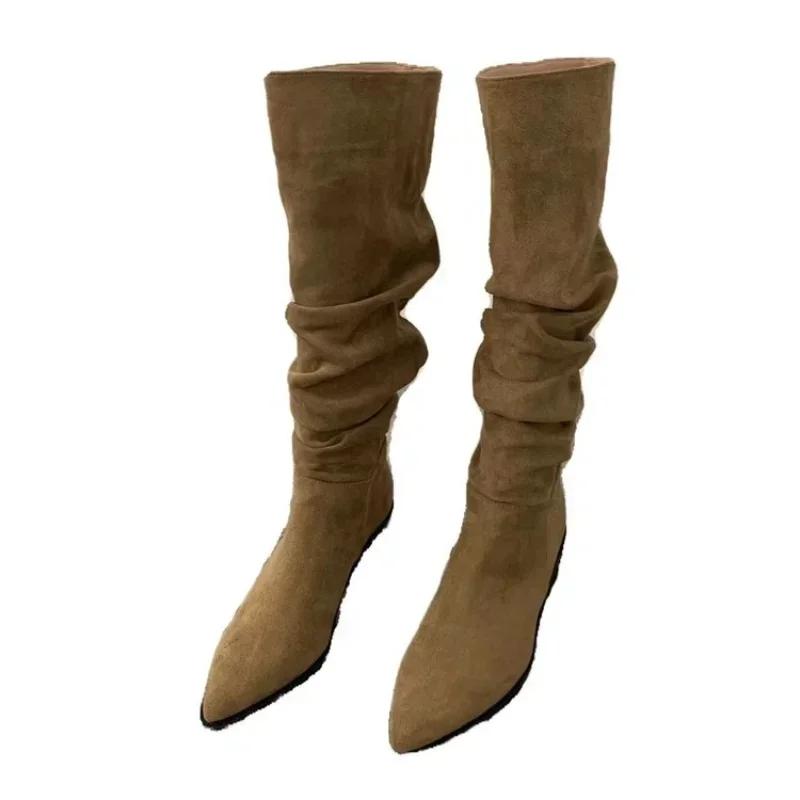 Women Knee High Boots Autumn Winter Female Shoes Fashion Female Slip-on Folds Low Heel Round Toe Flat Long Boots Botas De