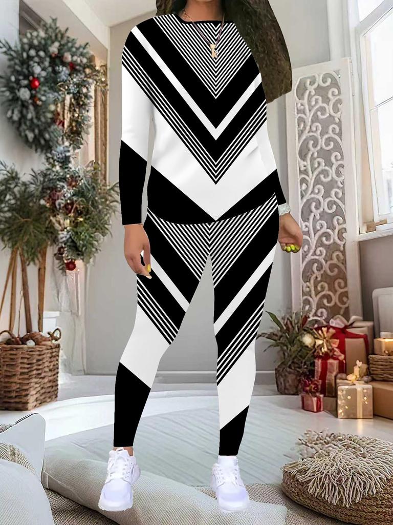 Women's Geometric Pattern Print 2-Piece Outfit: Long Sleeve Crew Neck Top & Pants, Holiday Limited Casual Party Gift Suit