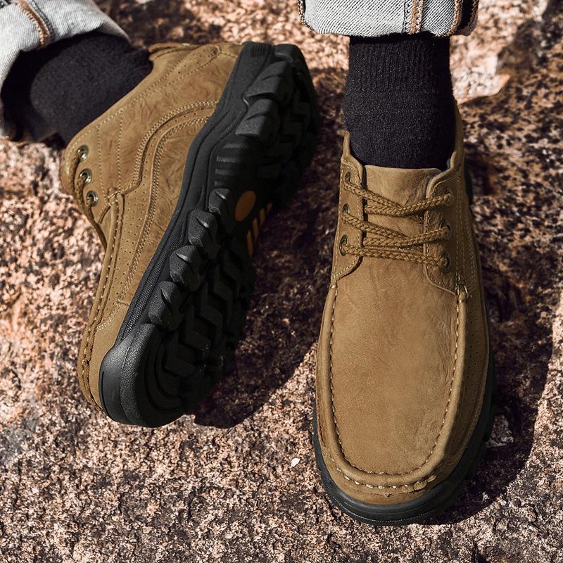Men's Large Size Genuine Leather Outdoor Mountaineering Shoes - Breathable, Non-slip, Wear-resistant with Thick Sole.