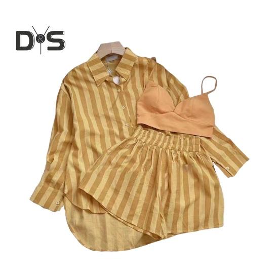 Women Striped Print Shirt Shorts Set Two-Piece Suit Loose Fit Casual Shirt Pants Solid Color Long Sleeve Top Short Summer Outfits for Women