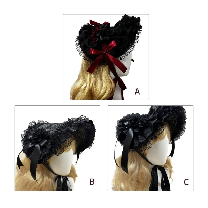 Woven Straw Lace Hat with Dark Series Design and Large Bowknot Elegant Bonnet Hat For Women Theme Parties and Halloween