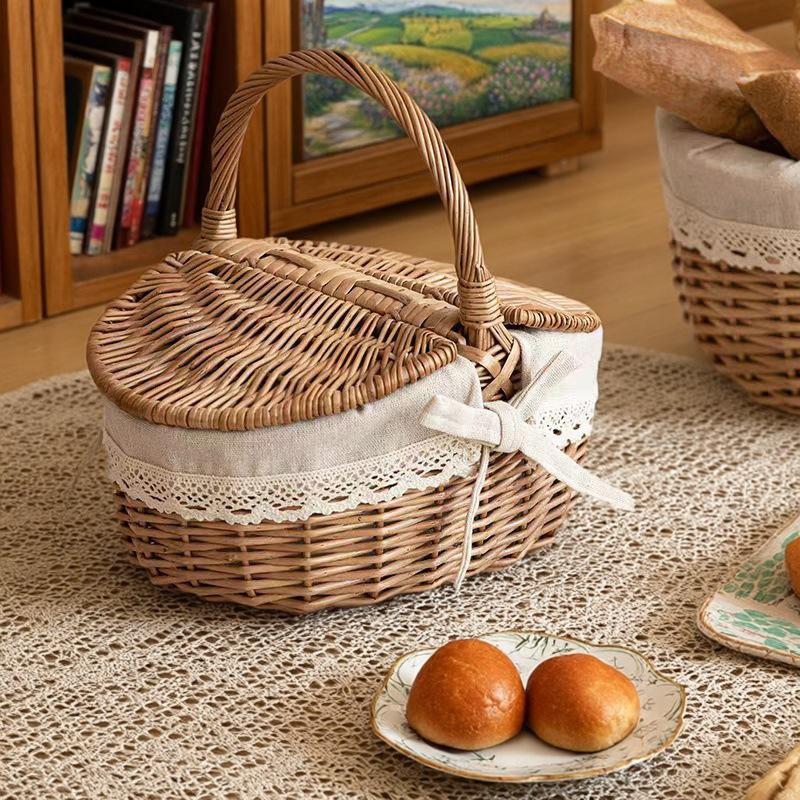 Woven Rattan Picnic Storage Basket Portable Outdoor Food Toy Organizers Basket with Lace Decor Home Travel Picnic Organizer Gift