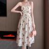 Romantic Coffee Break Dress Suspender Rose French Waist Floral Seaside Vacation Fairy Trendy