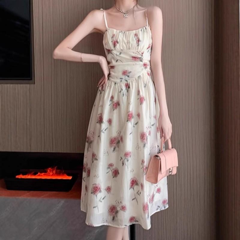 Romantic Coffee Break Dress Suspender Rose French Waist Floral Seaside Vacation Fairy Trendy
