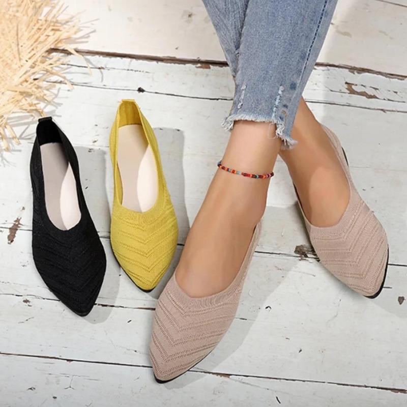 Dámské ploché boty se špičatou špičkou Jednobarevné Pletené slip-on boty Ležérní Prodyšné ploché boty Dámské ploché mokasíny Pohodlné dámské boty