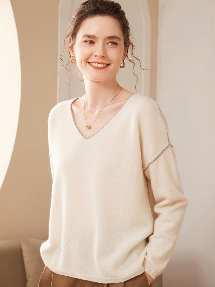 Korean Style Slimming V-Neck Cashmere Knit Sweater for Women