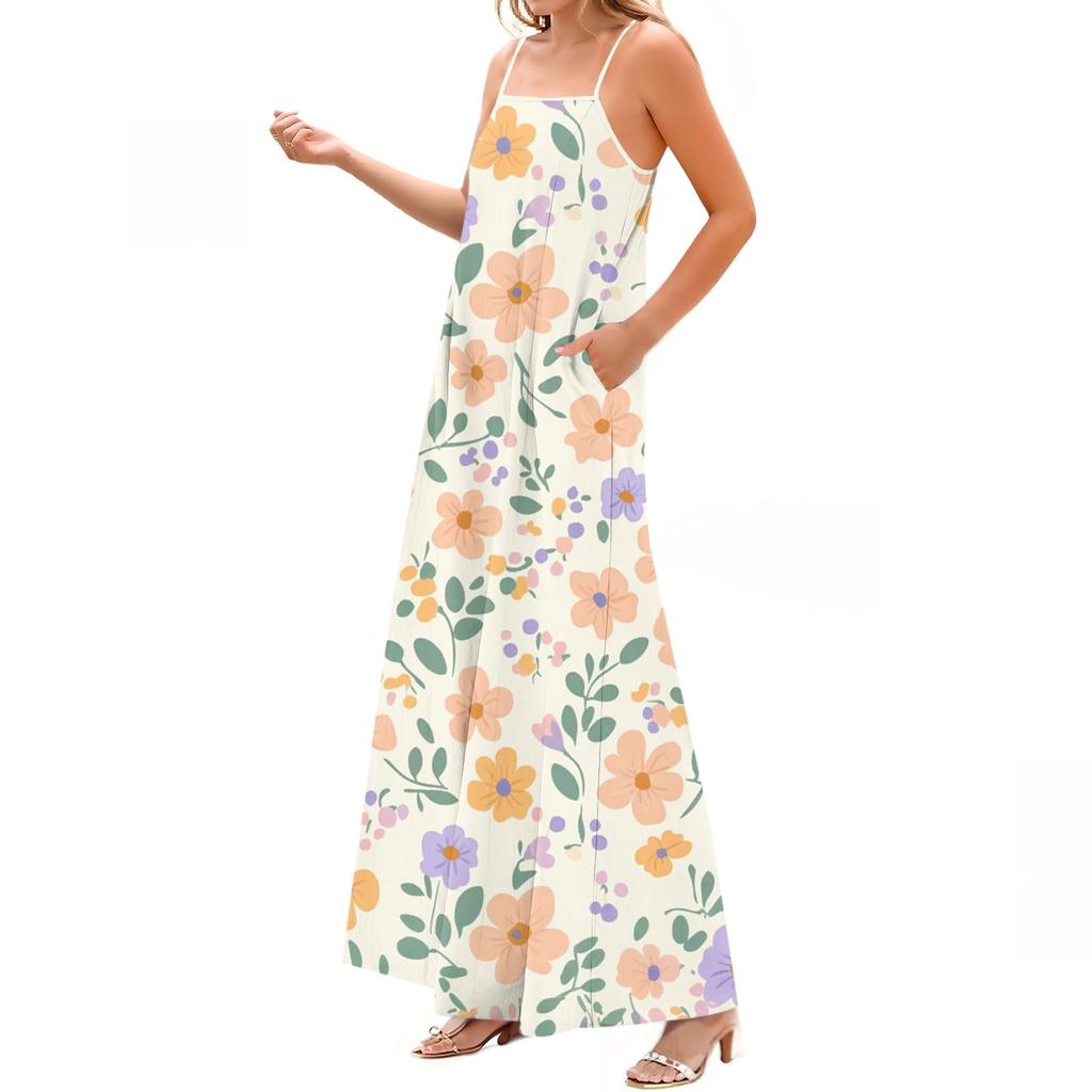 Women's Spring And Summer Casual Fashion Adjustable Suspenders Printed Long Dress