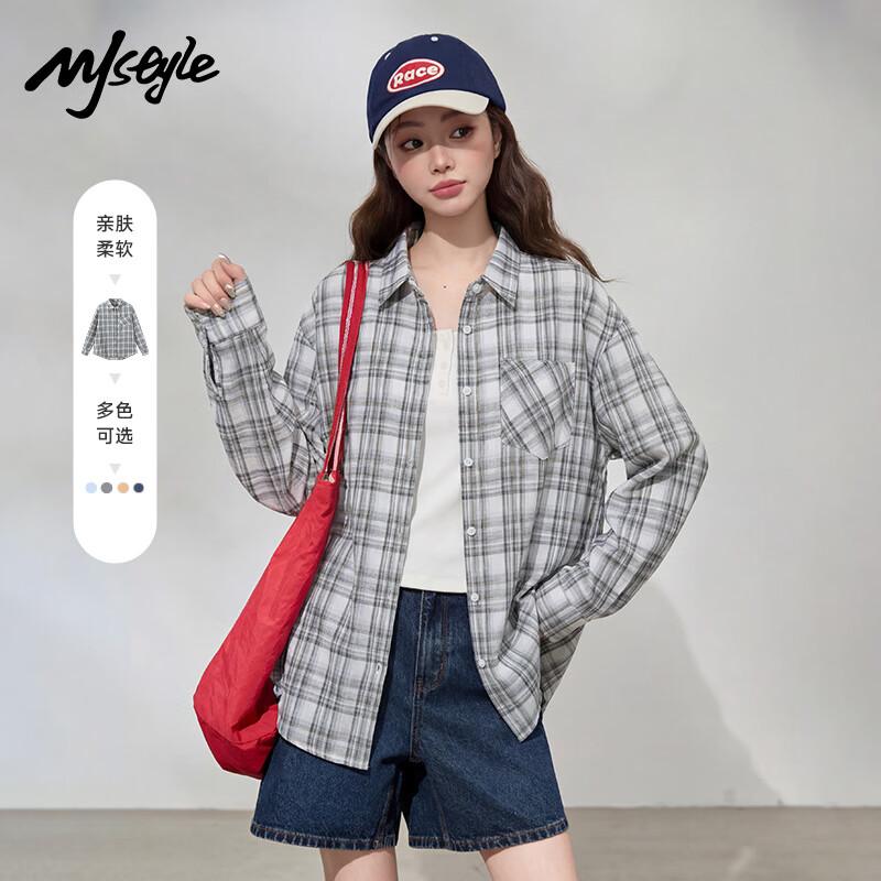 MJ STYLE Women s Loose Fit Plaid Long Sleeve Shirt M