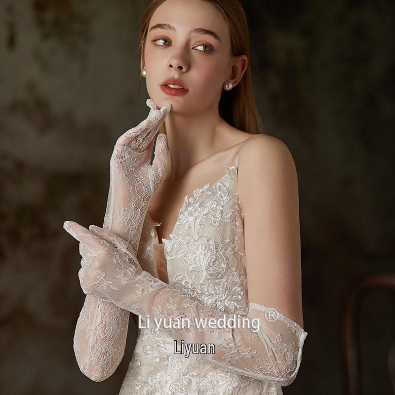 Off-White Sheer Lace Tulle Wedding Gown with Long Gloves