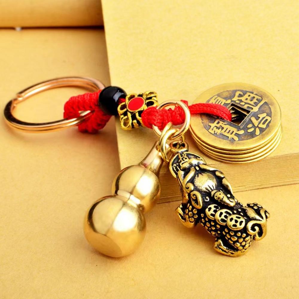 Vintage Lucky Finely Crafted Pure Copper Gourd With Five Emperors CoinsKeychain Charm Feng Shui Keyring Wealth-Attracting Decor