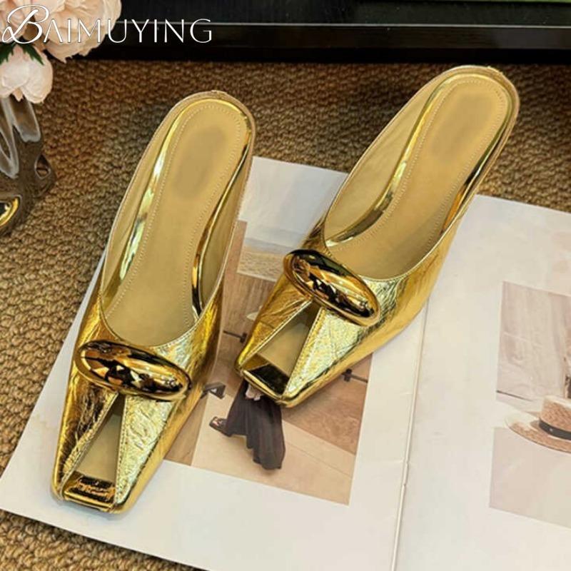 Fashion Square Toe Women Slippers Mules Sandals High Heels Shoes Woman Loafers 2025 Trend Designer Summer Shallow Soft Leather Slides