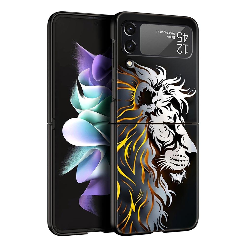 Cross Pattern Bicolor Lion Hard PC Phone Case For Samsung Galaxy Z Flip 7 6 5 4 Black Cover For Galaxy Z Flip 3 Foldable Fundas