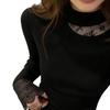 Women's Slim-Fit Fleece-Lined Black High-Neck T-Shirt with Lace Splicing Sleeves, Ideal for Autumn and Winter