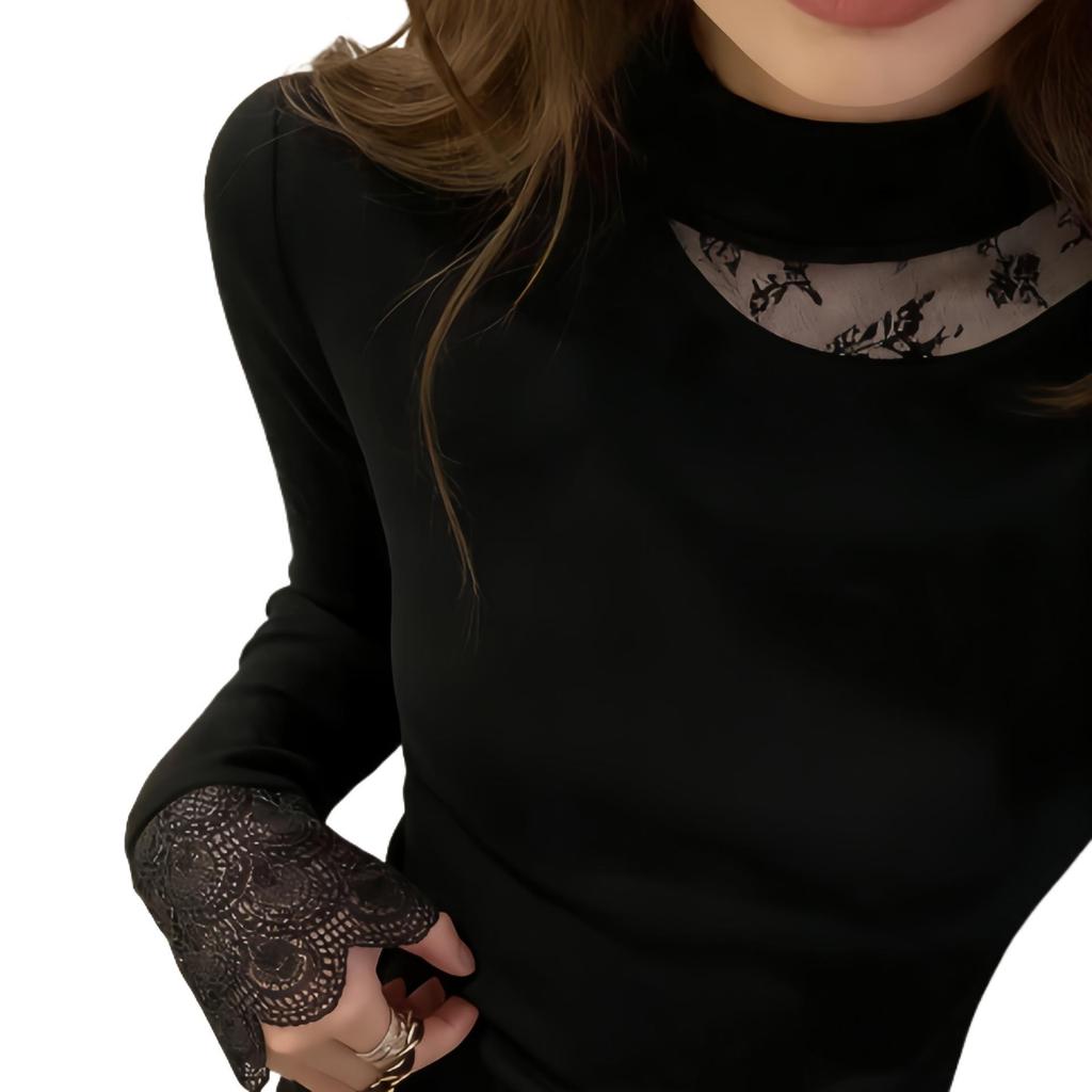 Women's Slim-Fit Fleece-Lined Black High-Neck T-Shirt with Lace Splicing Sleeves, Ideal for Autumn and Winter