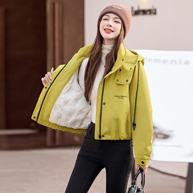 

2024 Женская зимняя парка для работы с капюшоном - Короткая, Утепленная, Куртка с пухом белой утки M (90-115 jin) зелёный