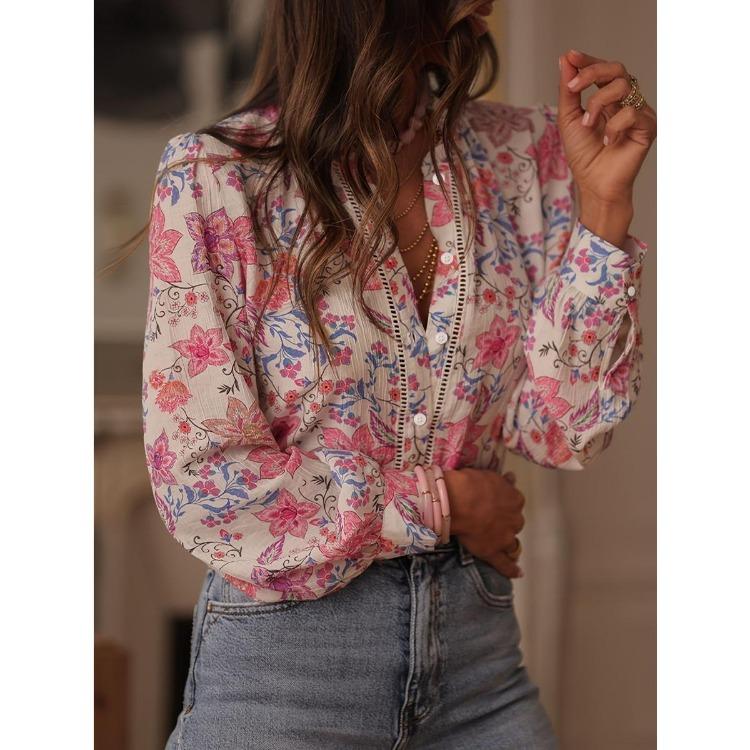 Elegant Printed Long Sleeve Blouse Women Loose Casual Shirt Spring Summer Outerwear European American Style