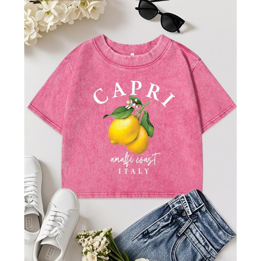 

Capri Amalfi Coast Italy Lemon Fruitprint Washed T-Shirt Women Cotton Slim Short Sleeve O-Neck Clothes Summer T Shirt M