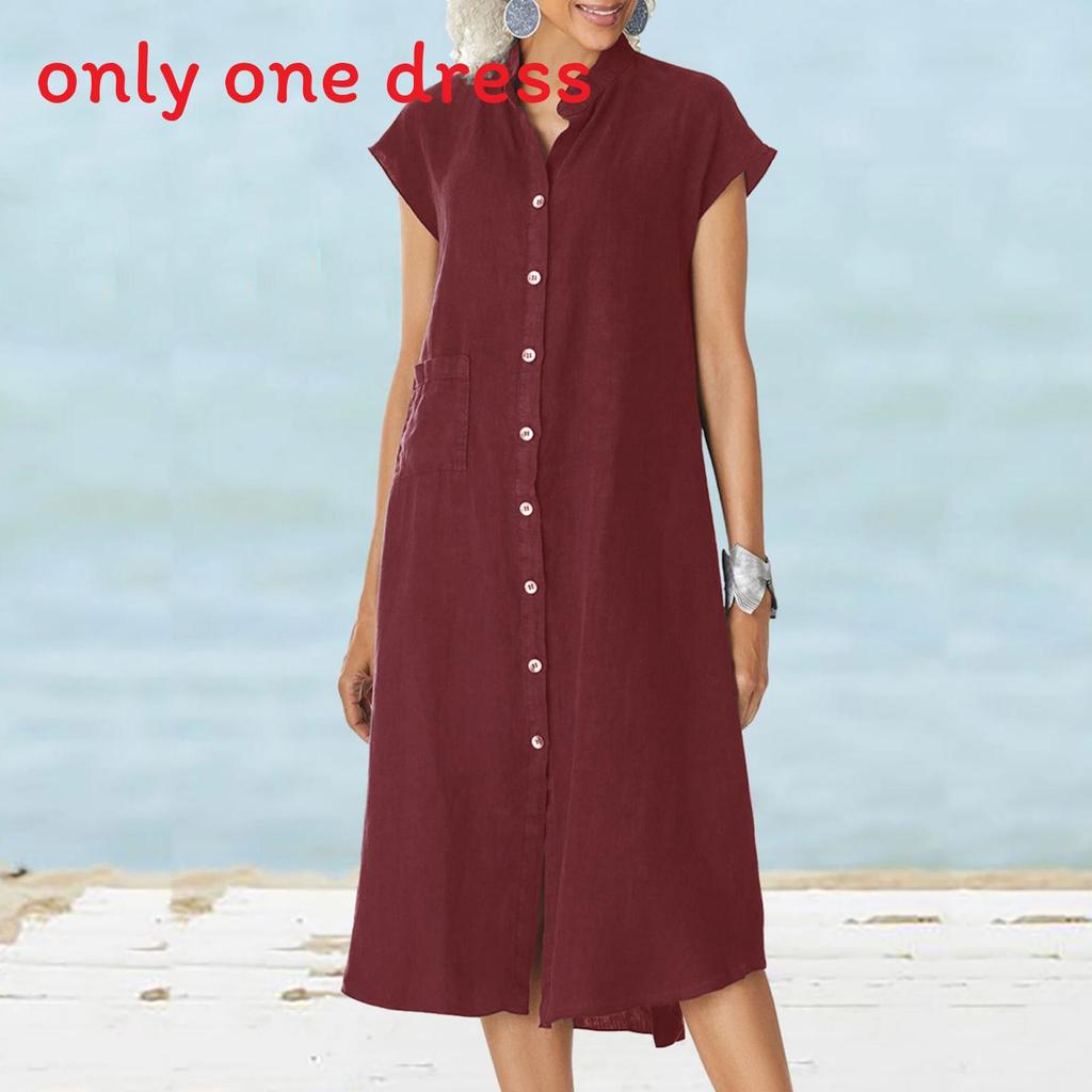 Cotton Linen Long Dress With Pocket And Stand Collar For Casual Travel
