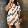 Women Plus Size Off Shoulder Short Sleeve Blue Gold Marble Printed Loose Romper With Side Pockets