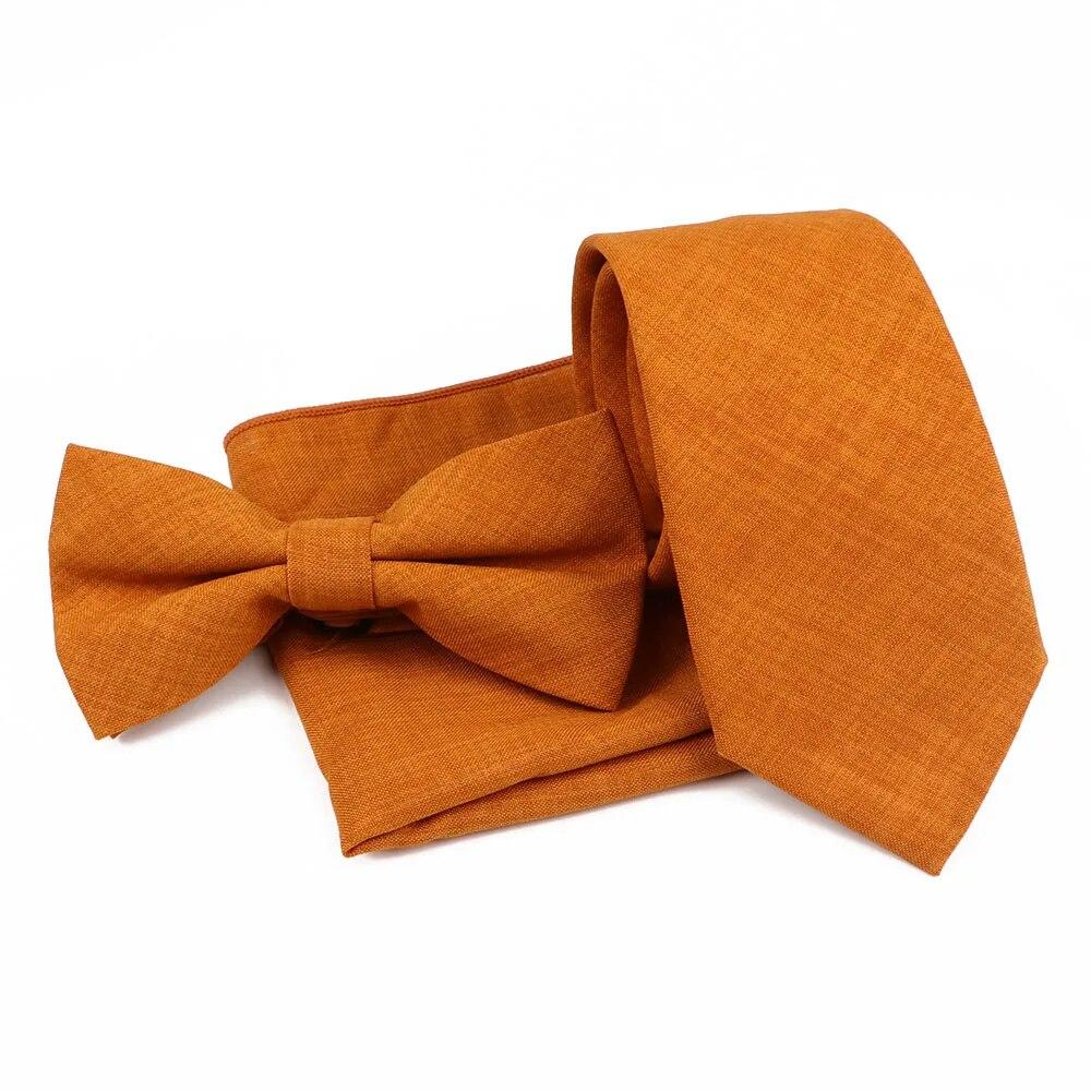 Men Fashion Solid Color Cotton Tie Bowtie Handkerchief Set Wedding Party Butterfly Necktie