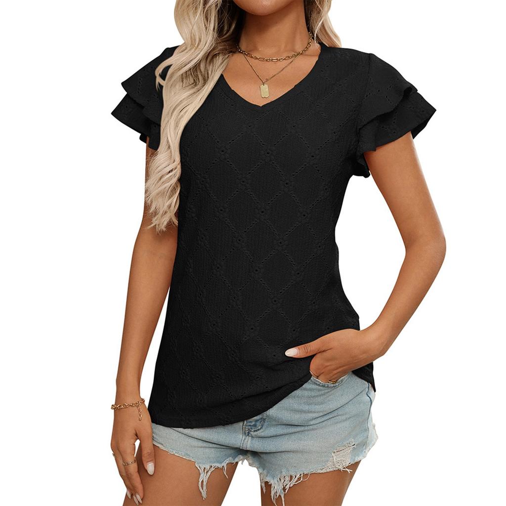 Damenmode Einfarbig V-Ausschnitt Kurzarm Pullover T-Shirt Top