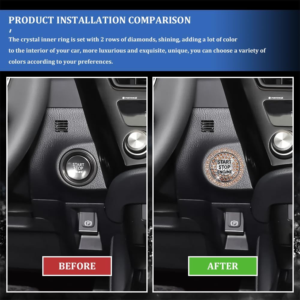 Bling Crystal Car Engine Start Ring Sticker, Sparkling Rhinestone Push Start Button Decorative Cover, Anti-Scratch Key Ignition & Knob Bling Ring,