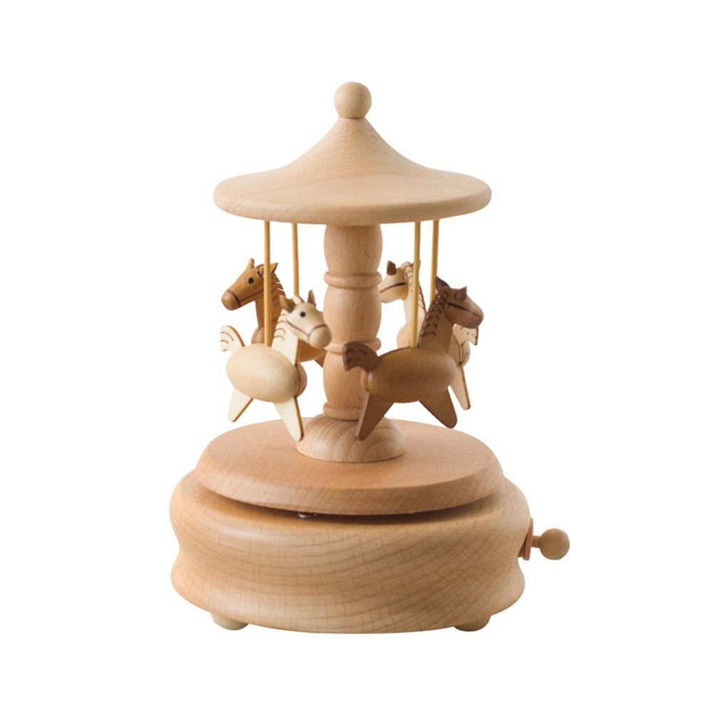Wooden Carousel Music Box Ornaments Rotatable Hand-cranked Music Box DIY Handmade Birthday Christmas Gift Children’s Toys