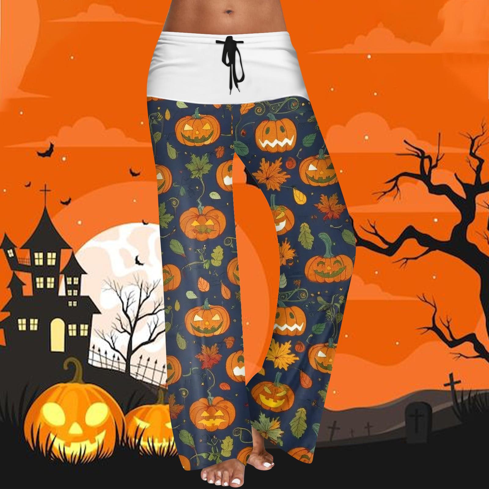 

Women s Drawstring Elastic Waistband Wide Leg Color Matching Halloween Printed Casual Pants L Темно-синій