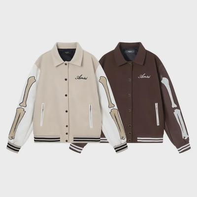 Unisex AMIRI Embroidered Letter Baseball Jacket with Color-Blocked Leather Sleeves