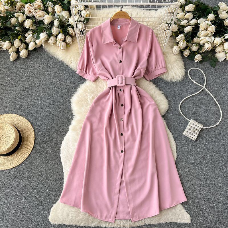 

Retro Dress Summer New Arrival Niche Style Waist-Tight Platycodon Grandiflorum Pink One size