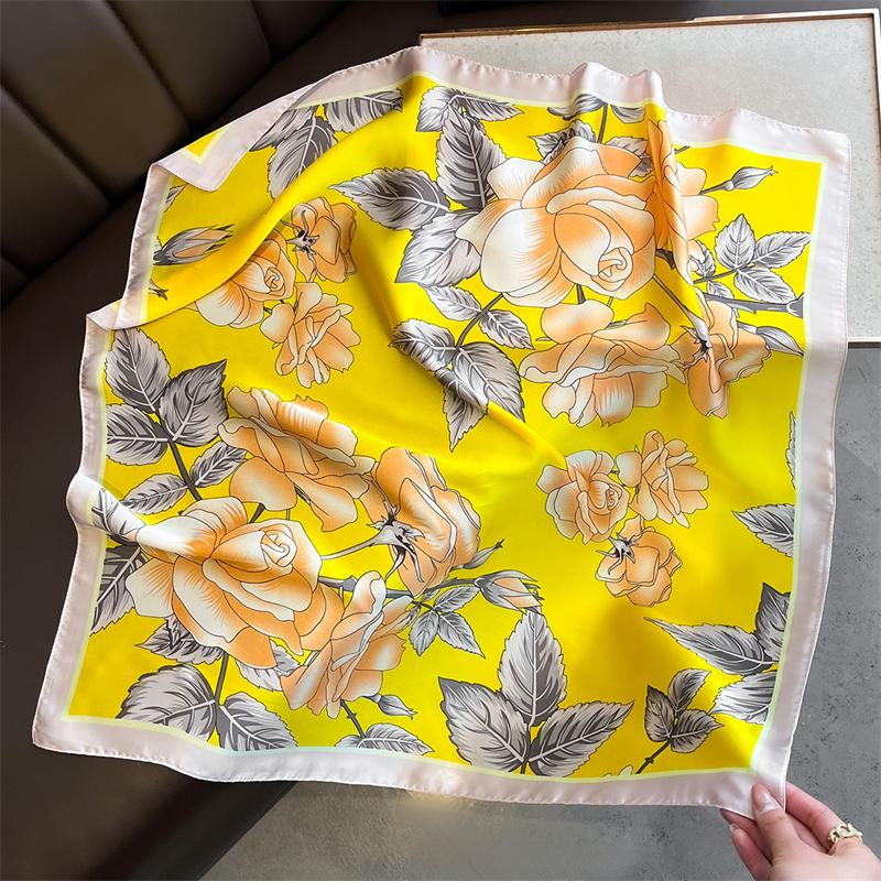70cm Square Lemon Print Yellow Square Silk Scarf Casual Elegant Thin Breathable Neck Women Windproof Head Wrap Hair Scarves